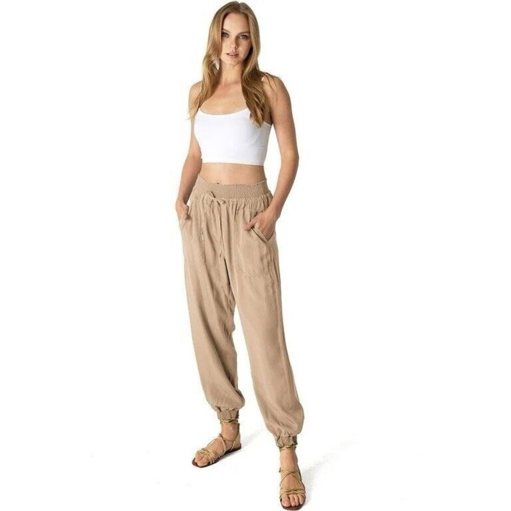 Love Tree Smock Waist Light Tencel Jogger Pants Camel Tan Casual Slouchy Linen L
